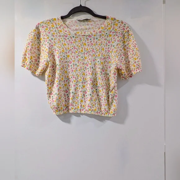 Zara | Tops | Zara Yellow Pink White Floral Short Balloon Sleeve